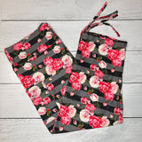 Black Gray Stripe Floral Ruched Cuff Capris with Side Pockets