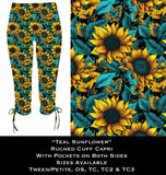 Teal Sunflower Ruched Cuff Capris with Side Pockets